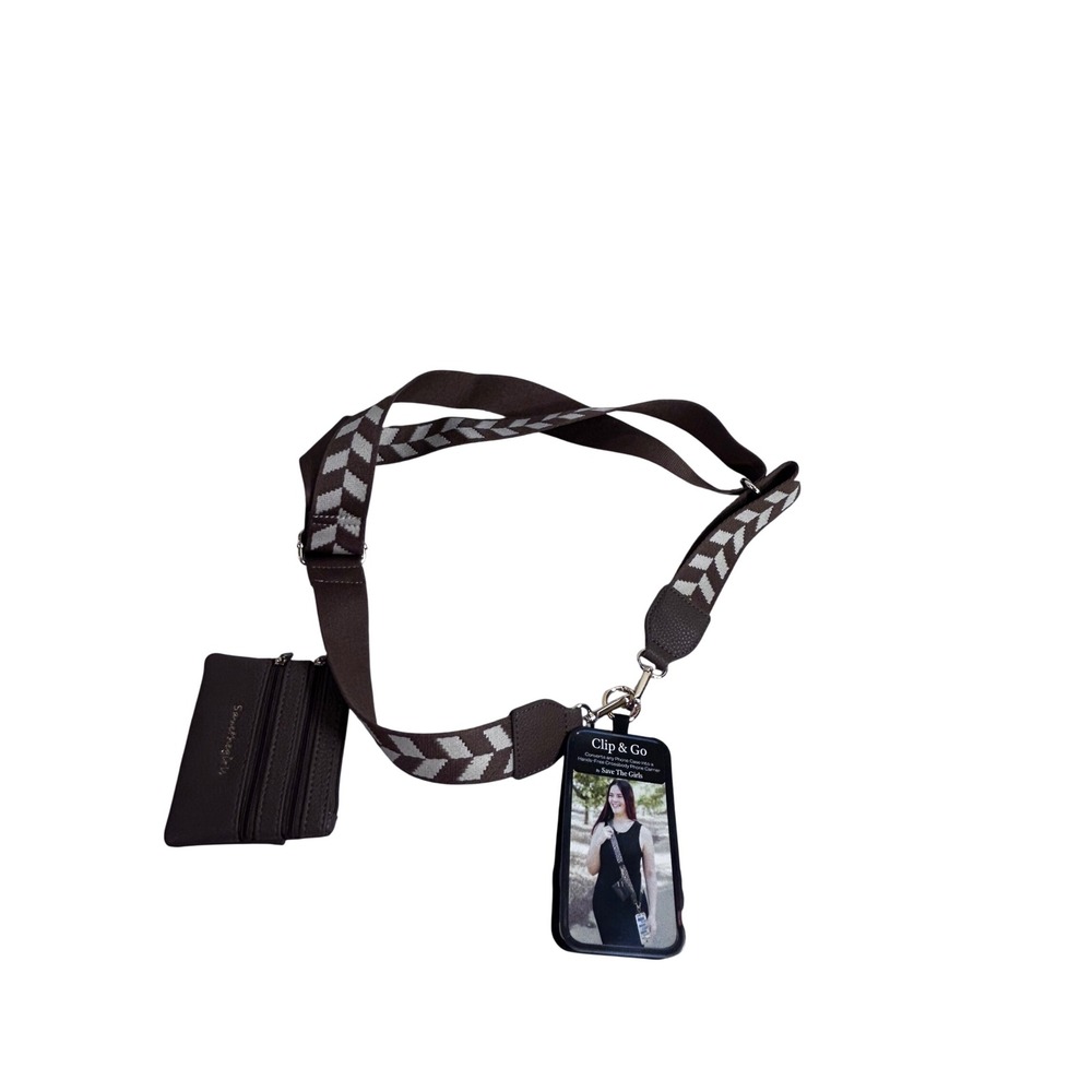 Save The Girls Clip & Go Phone Carrier OS Brown Chevron Crossbody Pouch Women